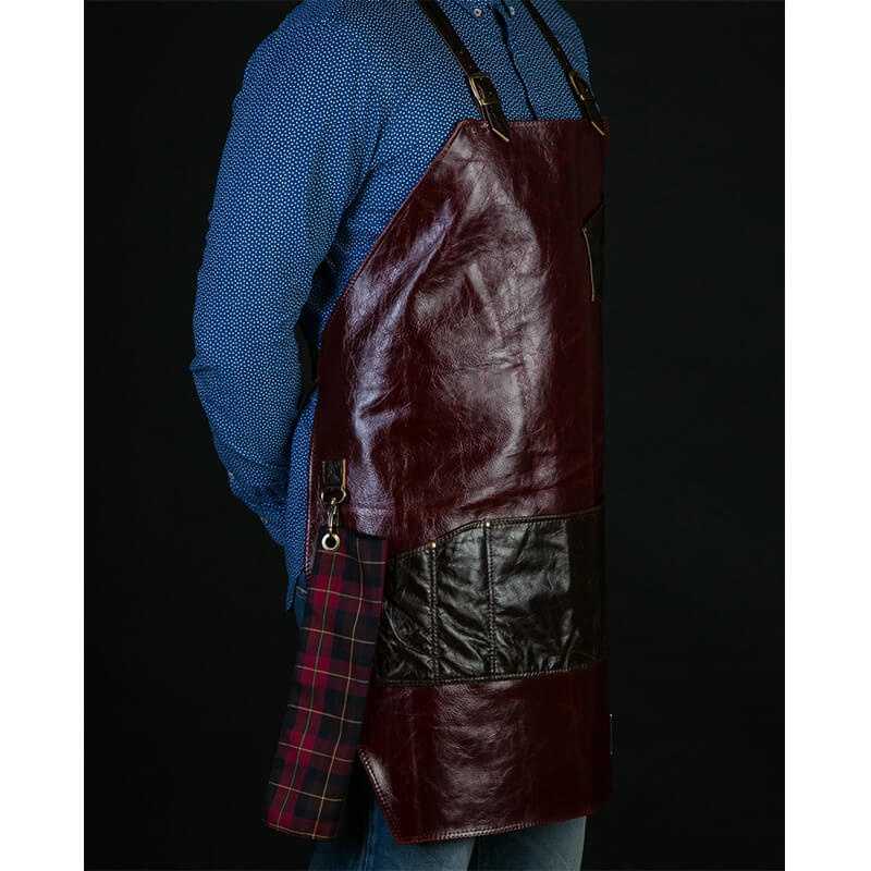 FANCY GENTS 希臘 全真皮 設計款圍裙 後交叉 勃根地紅+深咖啡 NO.3- Leeds Leather Apron(藍格紋棉布)