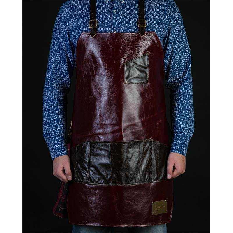 FANCY GENTS 希臘 全真皮 設計款圍裙 後交叉 勃根地紅+深咖啡 NO.3- Leeds Leather Apron(藍格紋棉布)