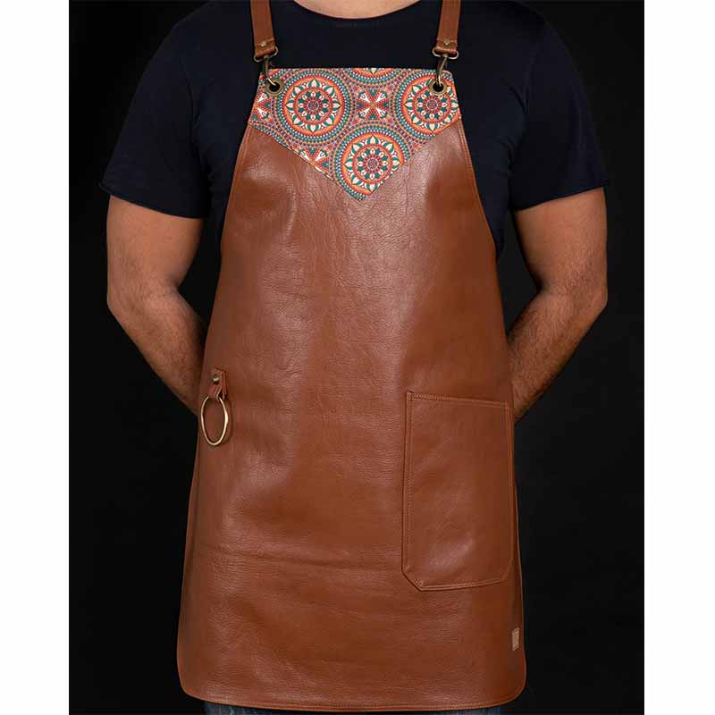 FANCY GENTS 希臘 全真皮 設計款圍裙 後交叉 淺咖啡+BOHO拼布 NO.11- Istanbul Leather Apron