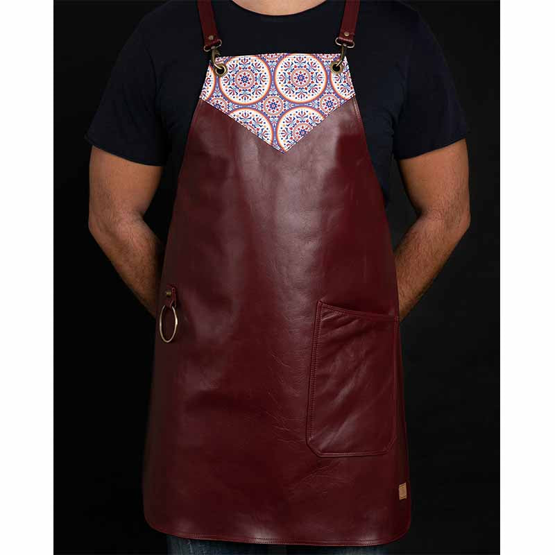 FANCY GENTS 希臘 全真皮 設計款圍裙 後交叉 勃根地紅+BOHO拼布 NO.12- Munich Leather Apron